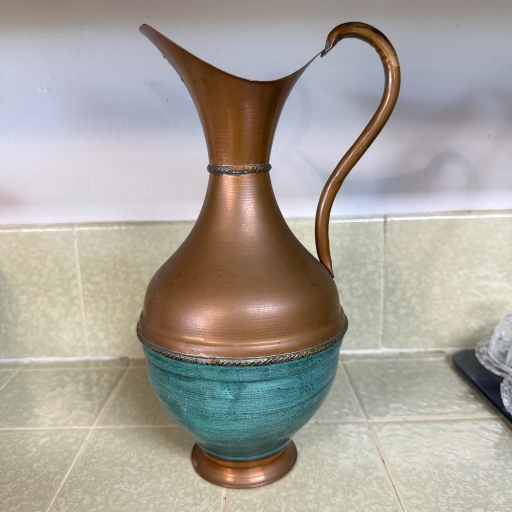 Vintage Copper Pitcher Ewer Verdigris‎ Teal Patina Decorative Vase 11.5 Inch